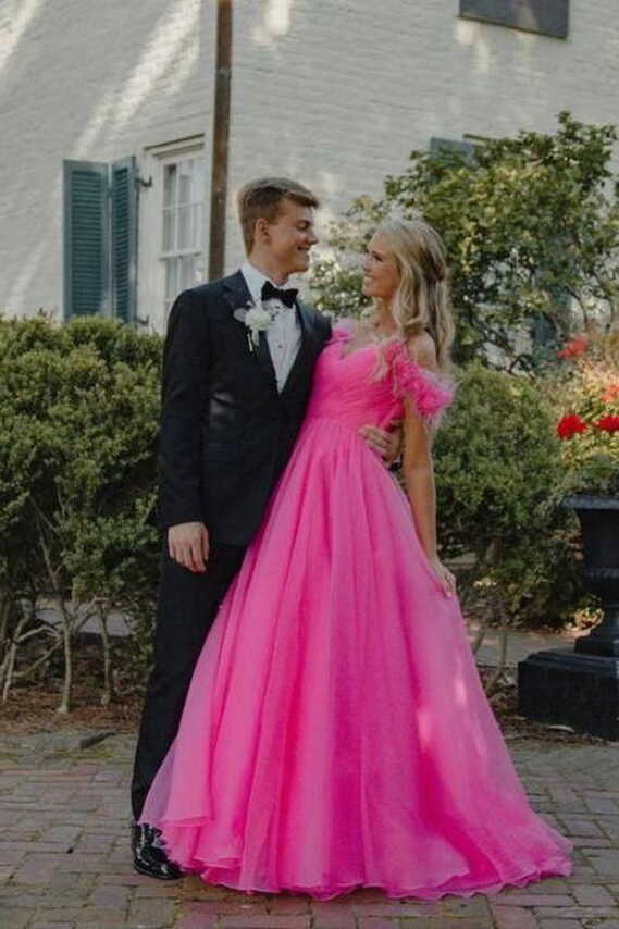 A-line Hot Pink Tulle Prom Dresses Long Off-Shoulder Formal ...