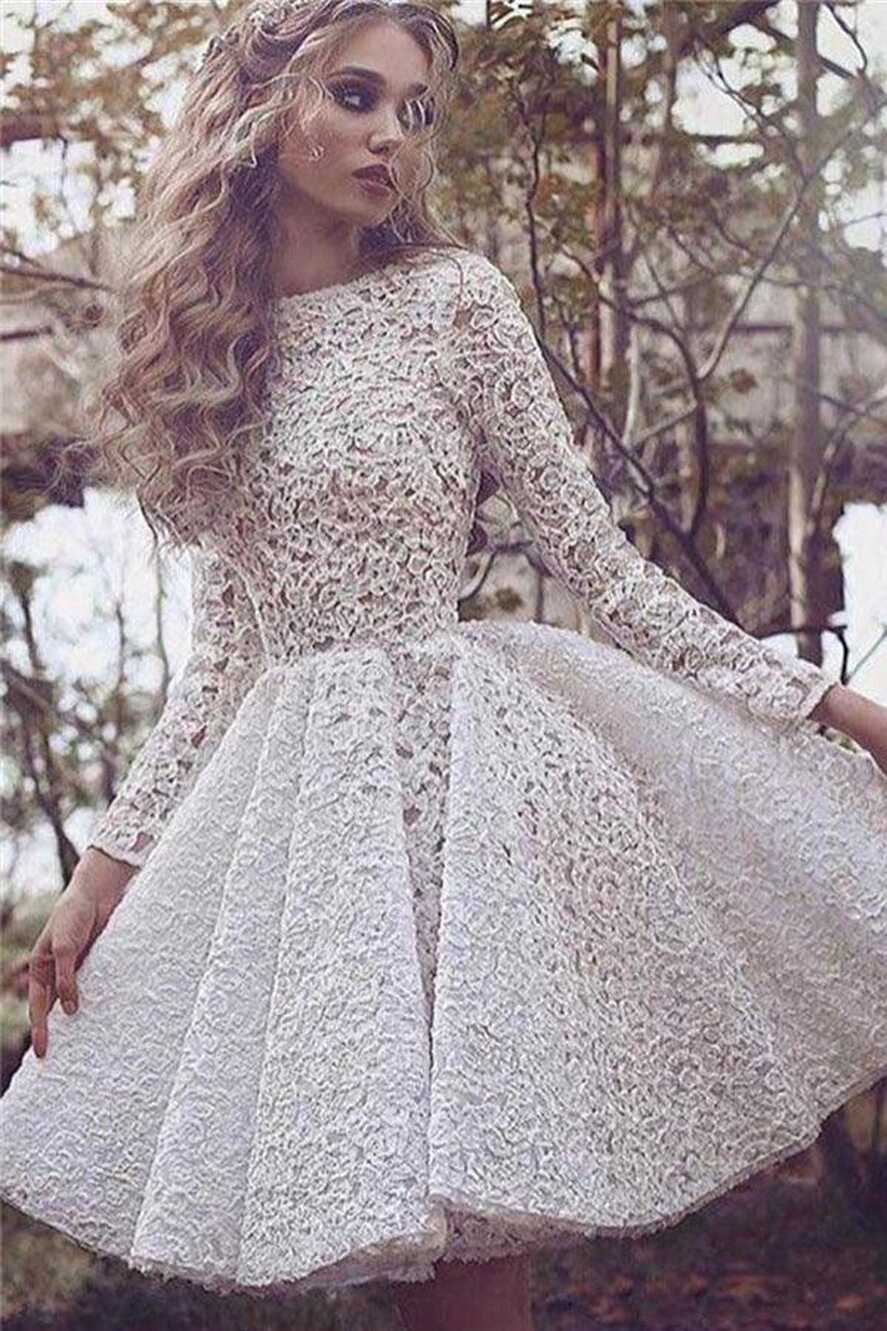 A-line Knee-length Ivory Long Sleeves Lace Homecoming Dress – Pgmdress