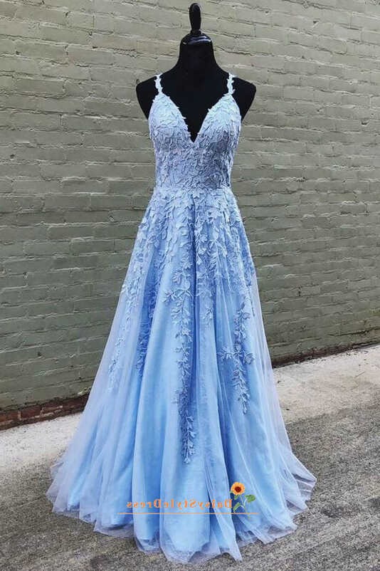 A line Long Light Blue Lace Prom Dress – daisystyledress