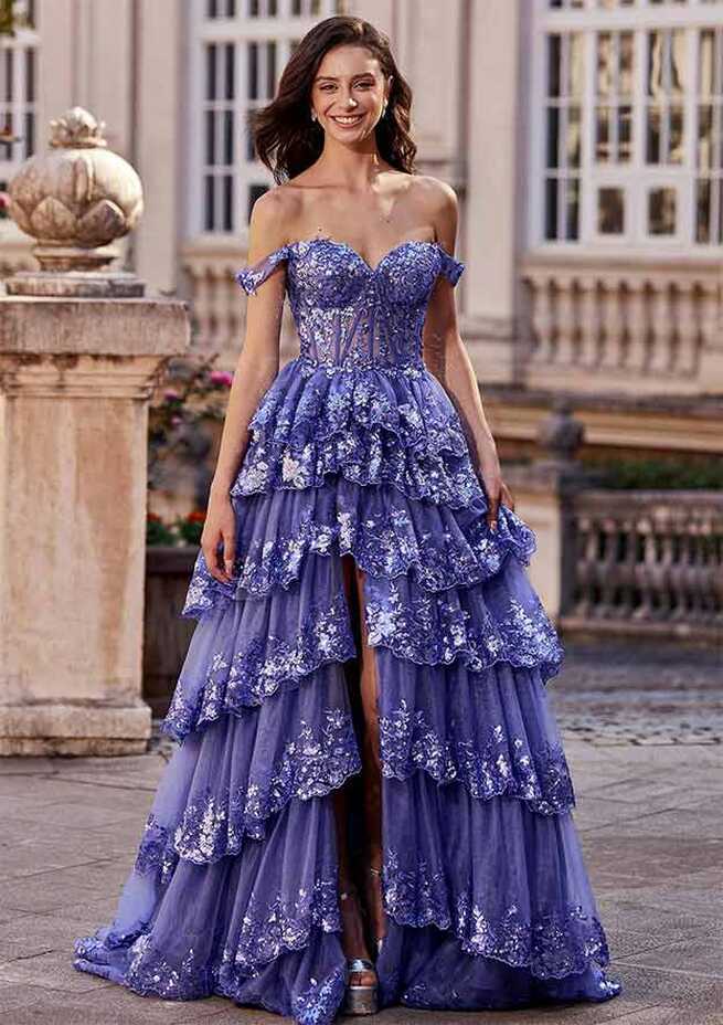 A-line Off-the-Shoulder Sleeveless Sweep Train Tulle Prom Dress ...