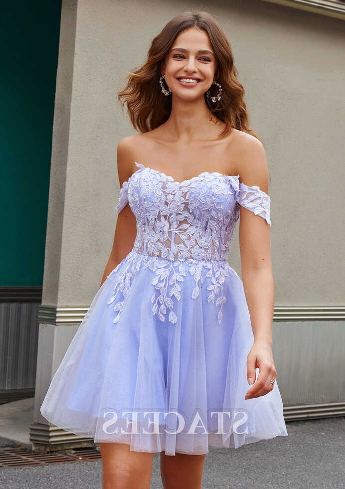 A-line Off-the-Shoulder Tulle Short Prom Dress with Appliqued Glitter