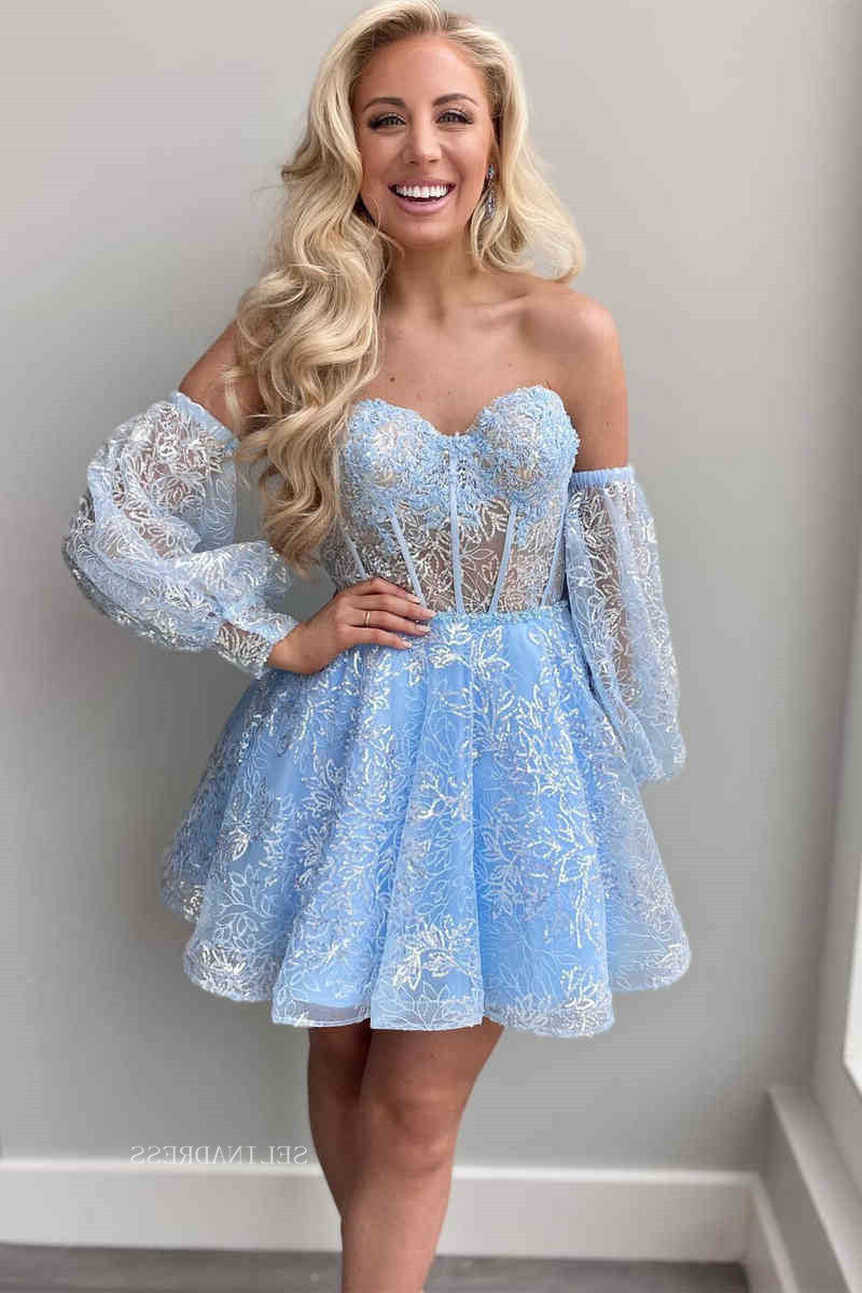 A-line Off-the-shoulder Sparkly Cute Homecoming Dress Short Prom ...