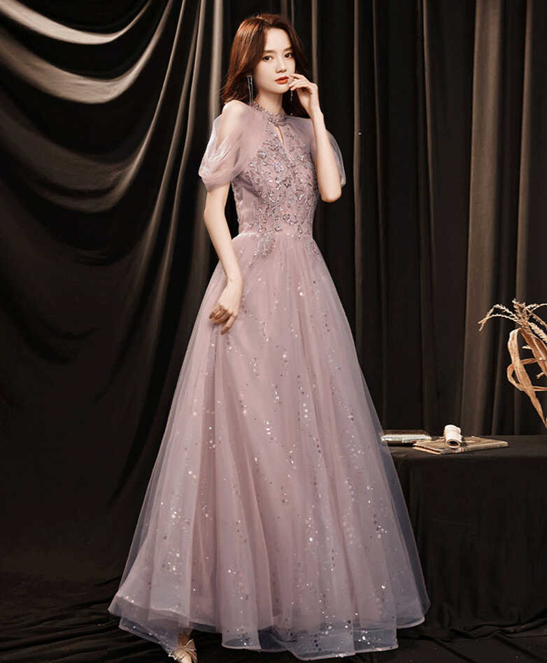 A line Pink Tulle Lace Sequin Long Prom Dress, Pink Formal ...