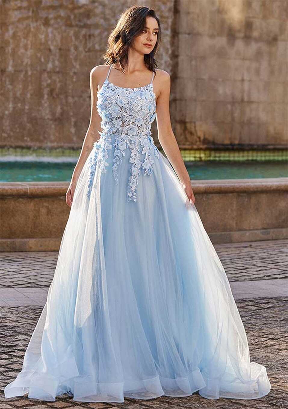 A-line Princess Square Neckline Sleeveless Sweep Train Tulle Prom ...