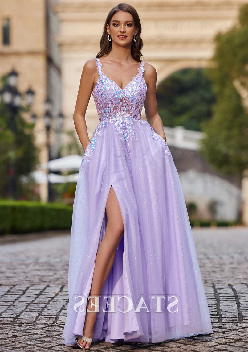 A-line Princess V Neck Sleeveless Floor-Length Tulle Prom Dress ...