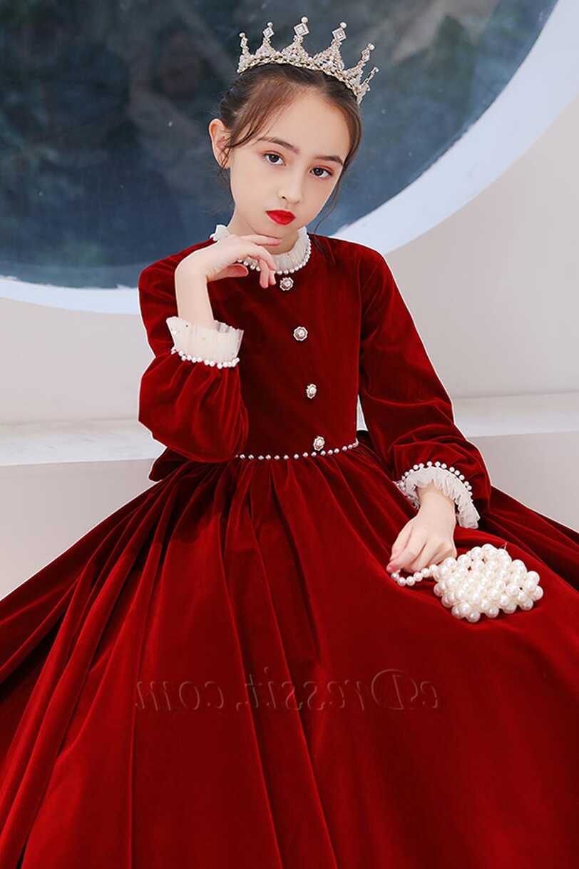 A-line Round Long Sleeves Velvet Flower Girl Dresses (27220014 ...