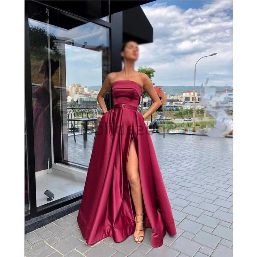 A-line Satin Side Slit Simple Formal Elegant Modest Long Prom ...