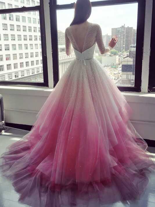 A-line Scoop Beautiful Long Sleeve Wedding Dresses Ombre Pink ...