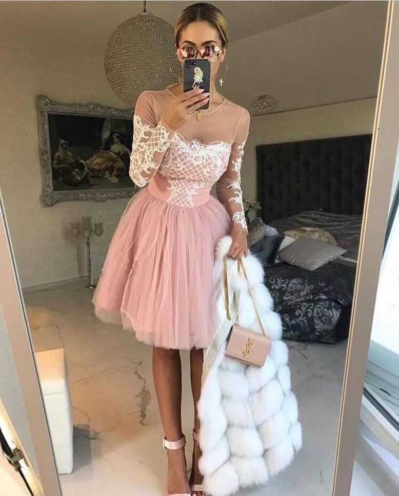 A-line Scoop Pink Lace Short Prom Dress Long Sleeve Homecoming ...