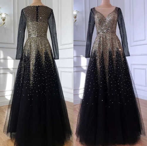 A-line Sequinned Black &amp; Gold Beaded Evening Dress - Evening ...