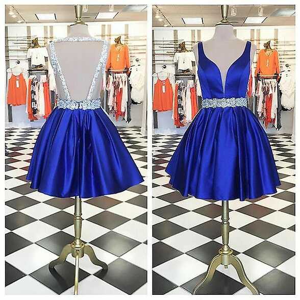 A-line Short Beaded Royal Blue Dresses With Pockets | Fruugo TR