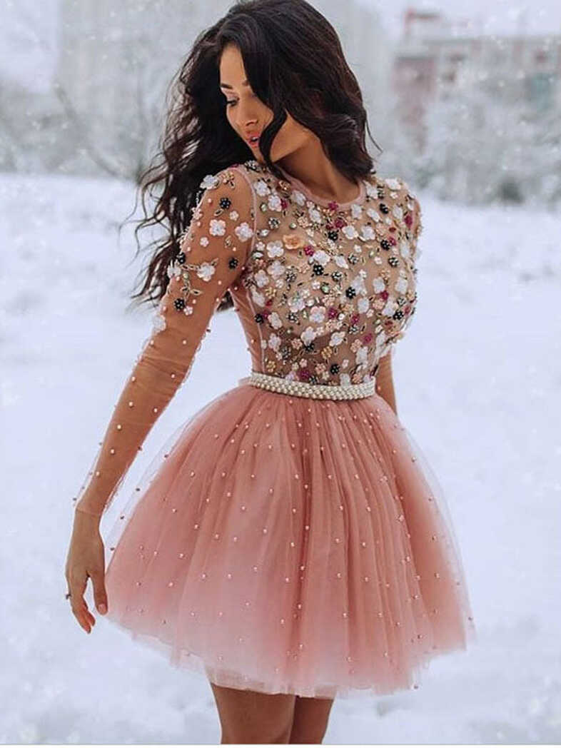 A line Short Pink Long Sleeves Sparkly Popular Homecoming Dresses ...