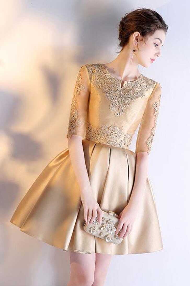 A-line Short Sleeves Gold Lace Satin Short Prom Dress Homecoming ...