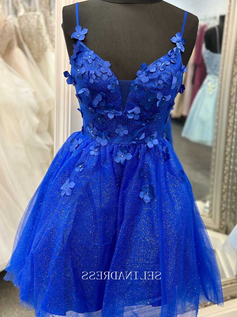 A-line Spaghetti Straps Royal Blue Short Prom Dress Tulle ...