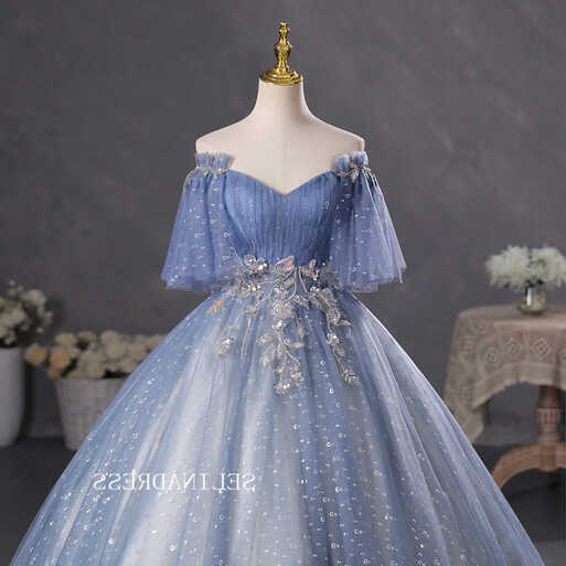 A-line Strapless Blue Long Prom Dress Ball Gown Short Sleeve ...