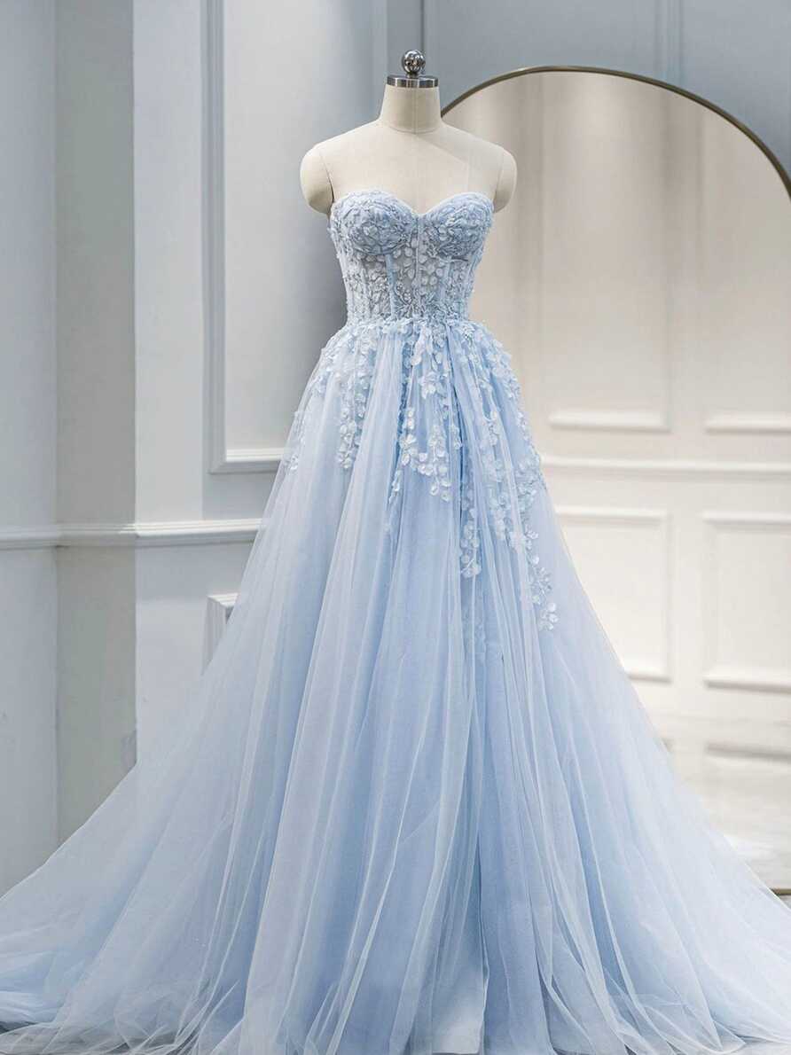 A line Sweetheart Neck Tulle Lace Long Blue Prom Dresses, Lace ...