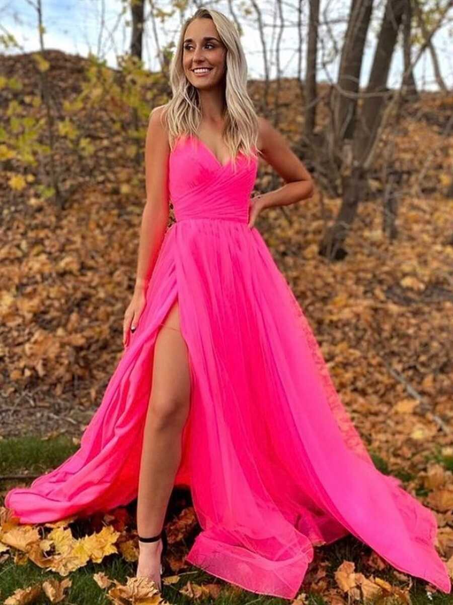 A-line V Neck Hot Pink Prom Dress With Slit OKZ7 – Okdresses