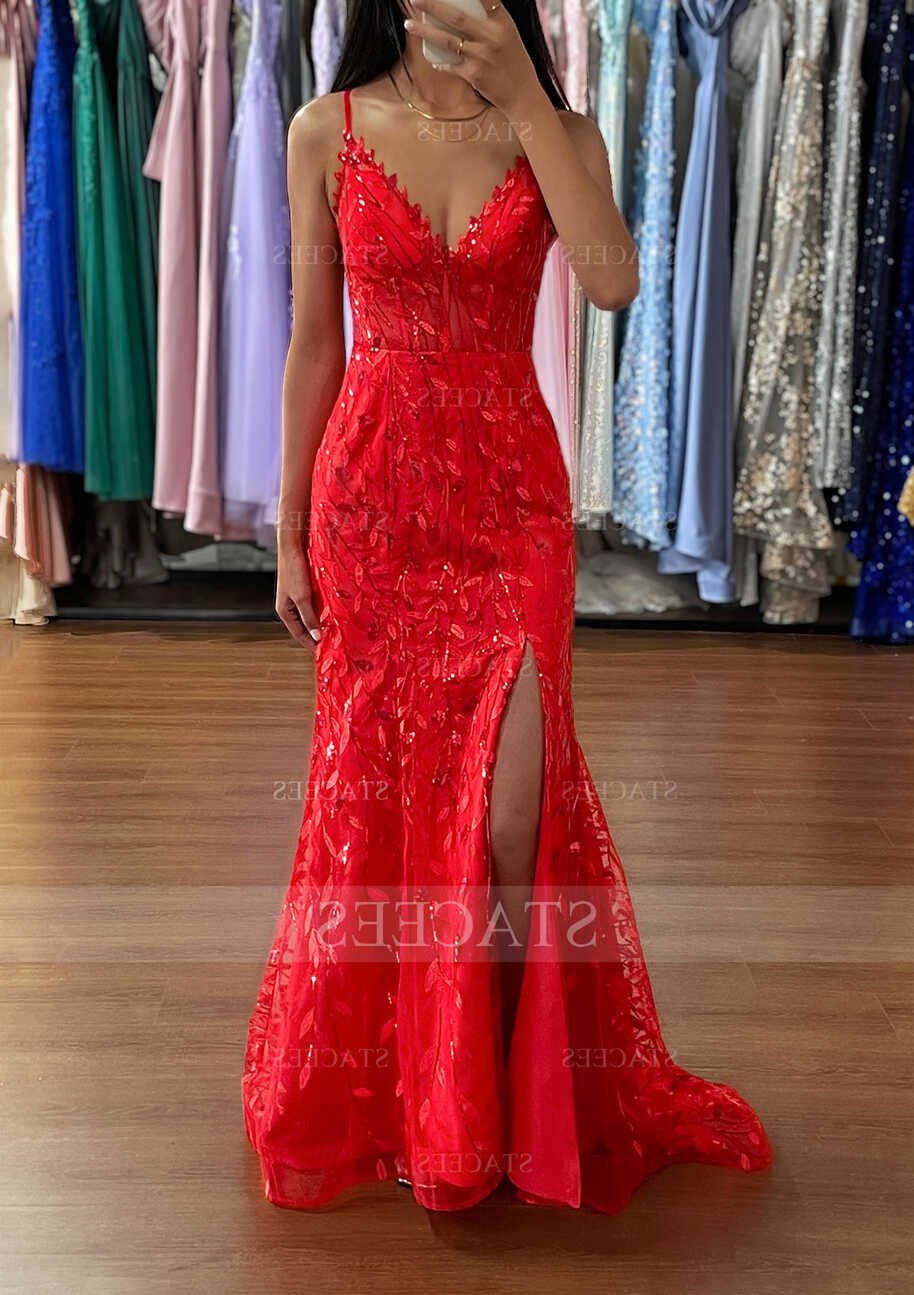 A-line V Neck Sleeveless Sweep Train Tulle Prom Dress with Sequins ...