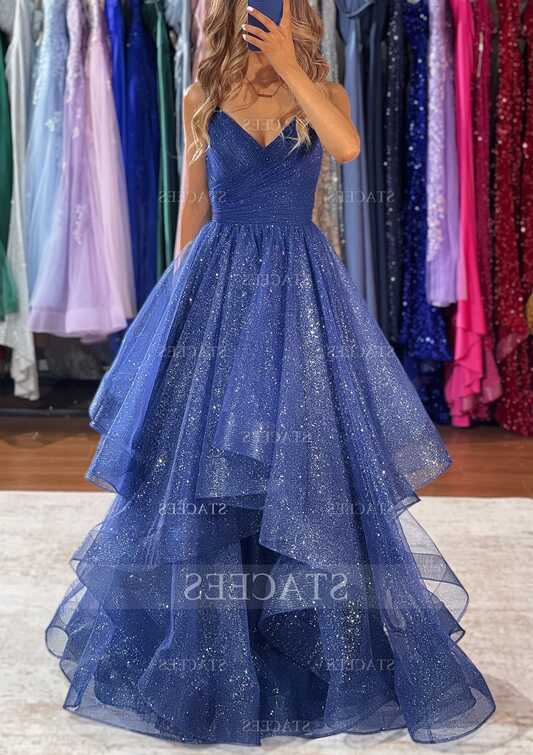 A-line V Neck Sleeveless Tulle Long/Floor-Length Prom Dress with ...