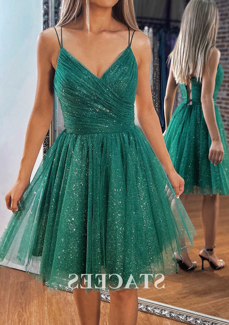 A-line V Neck Tulle Short Prom Dress with Pleated Glitter - Short ...