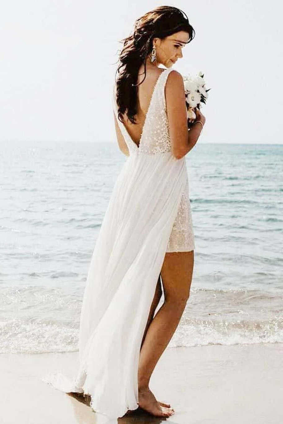 A-line V-neck Detachable Train Beach Wedding Dress MW740 | Musebridals