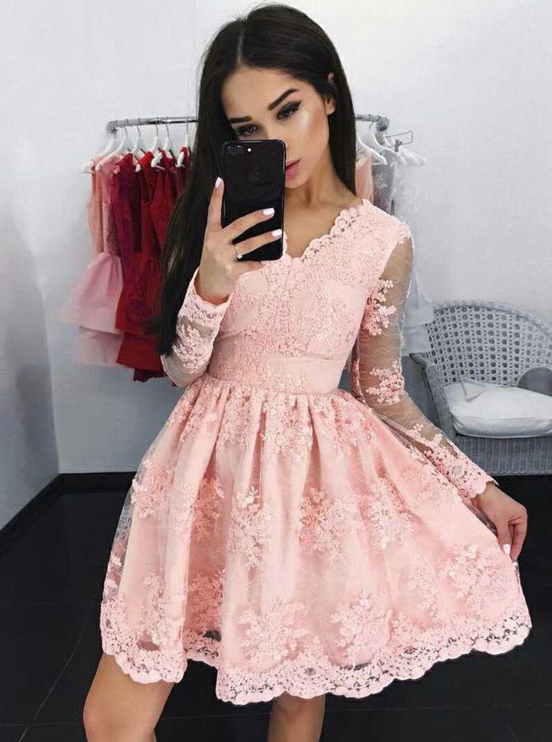 A-line V-neck Homecoming Gown,long Sleeves Short Pink Lace ...