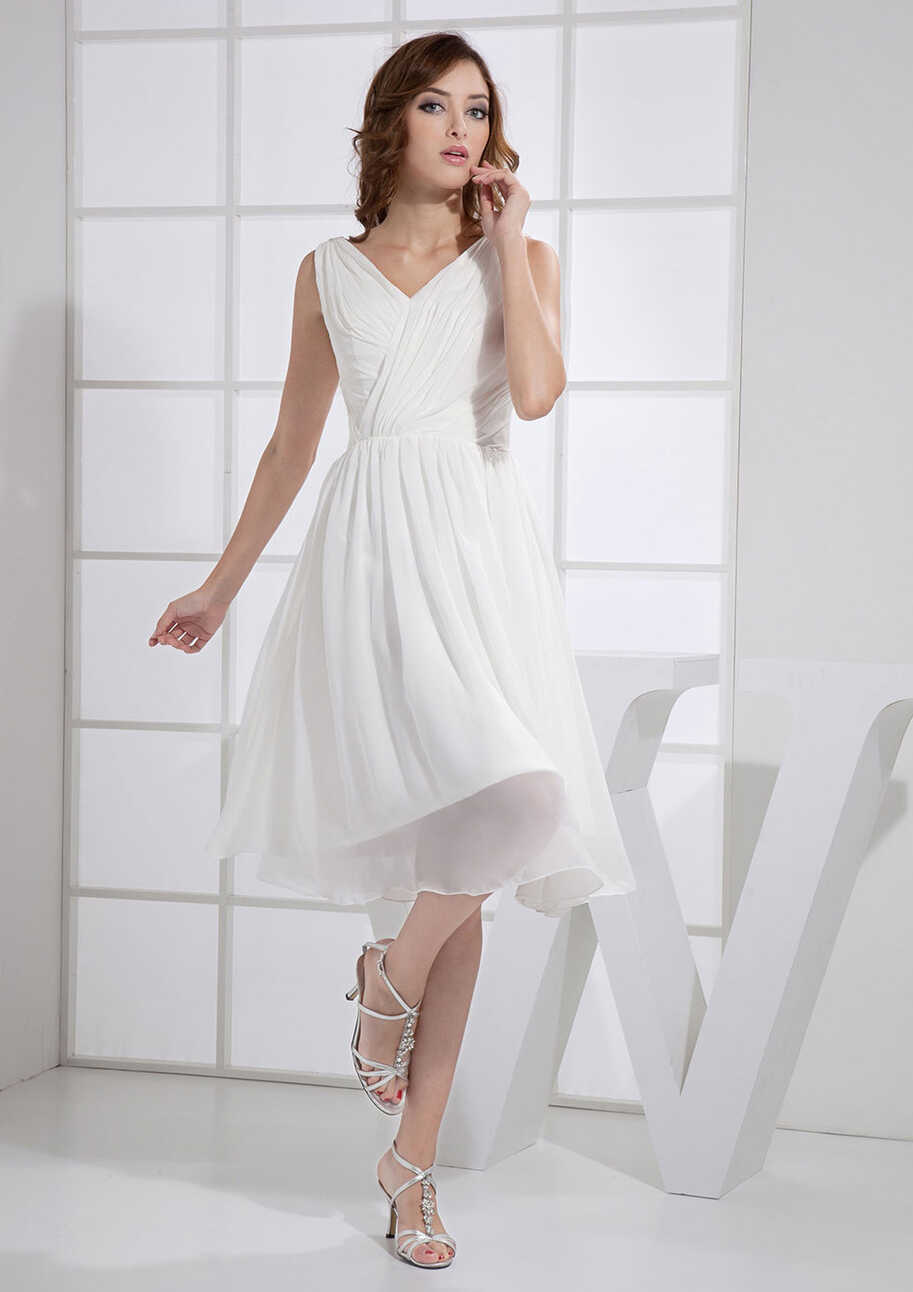 A-line V-neck Knee-length White Chiffon Short Prom Dresses - Short ...