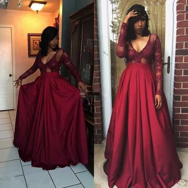 A-line V-neck Satin Burgundy Long Sleeve Prom/Formal Dress – Pgmdress