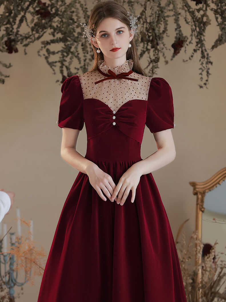 A line Velvet Tea Length Burgundy Prom Dresses, Formal Burgundy ...