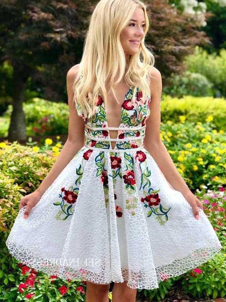 A-line White Short Prom Dress Floral Embroidery Homecoming Dress ...