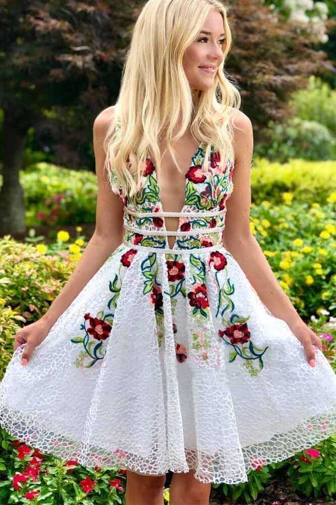 A-line White Short Prom Dress Homecoming Dress with Floral – Pgmdress