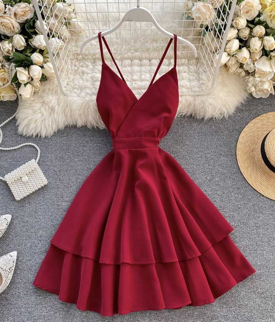 A line v neck short dress summer dress 1196 - burgundy / S