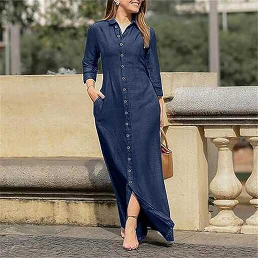 AALLYN Womens Casual Button Down Denim Maxi Dress Lapel Long ...