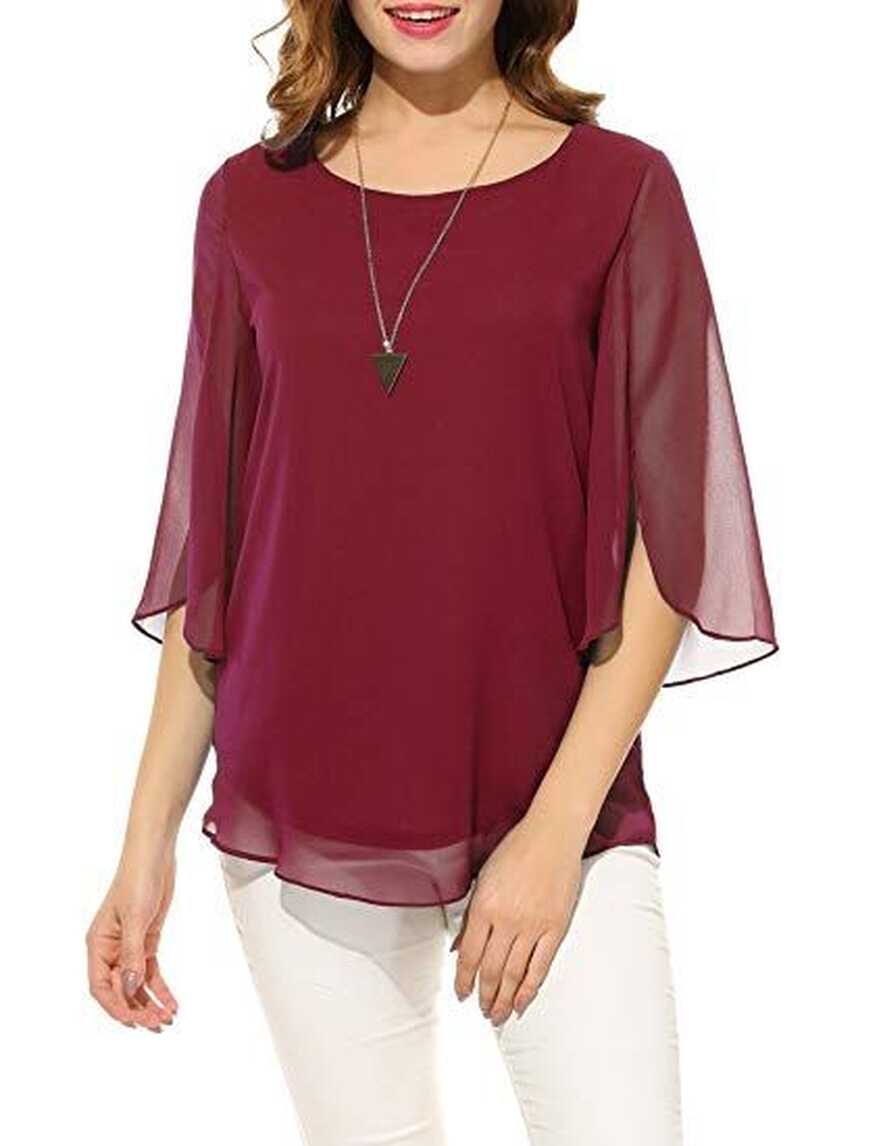 ACEVOG Womens Casual Scoop Neck Loose Top 3/4 Sleeve Chiffon ...