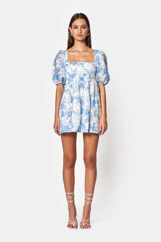 AERIN OPEN BACK TIE MINI DRESS - Blue &amp; White Floral Print – SOFIA ...