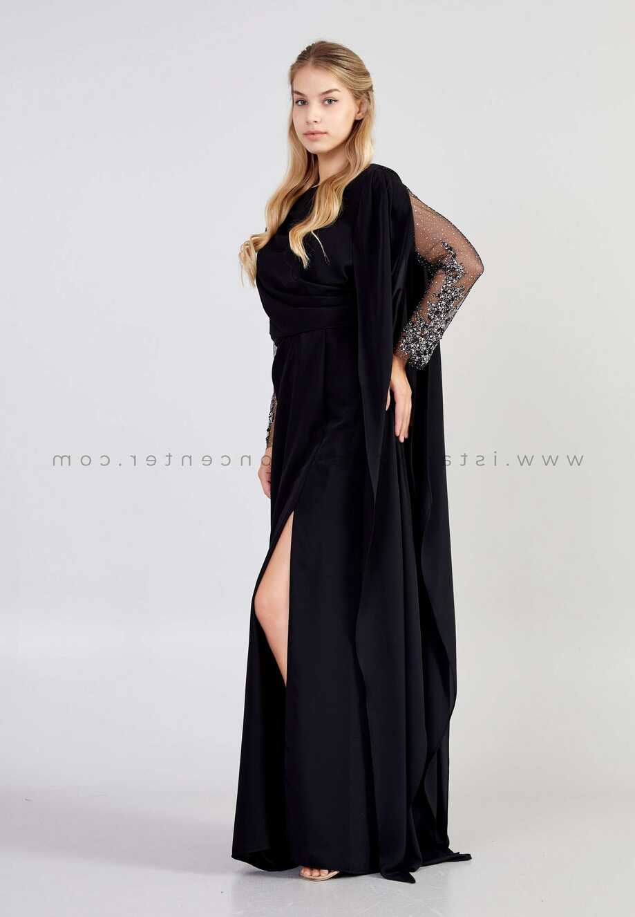 ALCHERA Long Sleeve Maxi Chiffon Column Plus Size Black Wedding ...