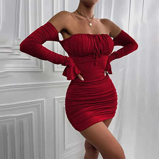 ALSLIAO Women Sexy Off Shoulder Bodycon Mini Dress Long Sleeve ...