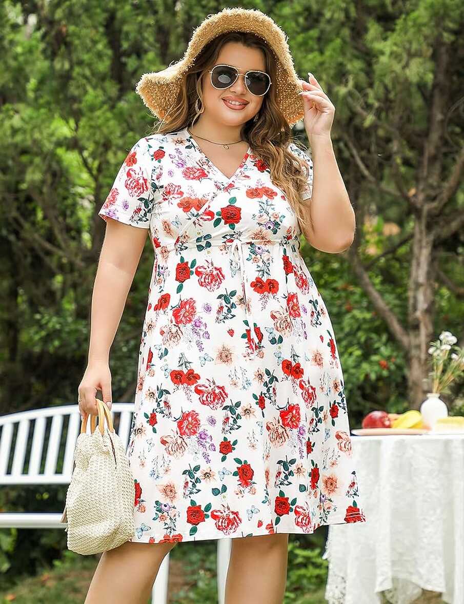 AMZ PLUS Women&#39;s Plus Size Floral V-Neck Dress Knee Length Mini ...