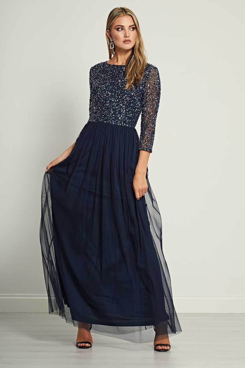 ANGELEYE Navy Embellished Sequin Long Sleeve Maxi Dress