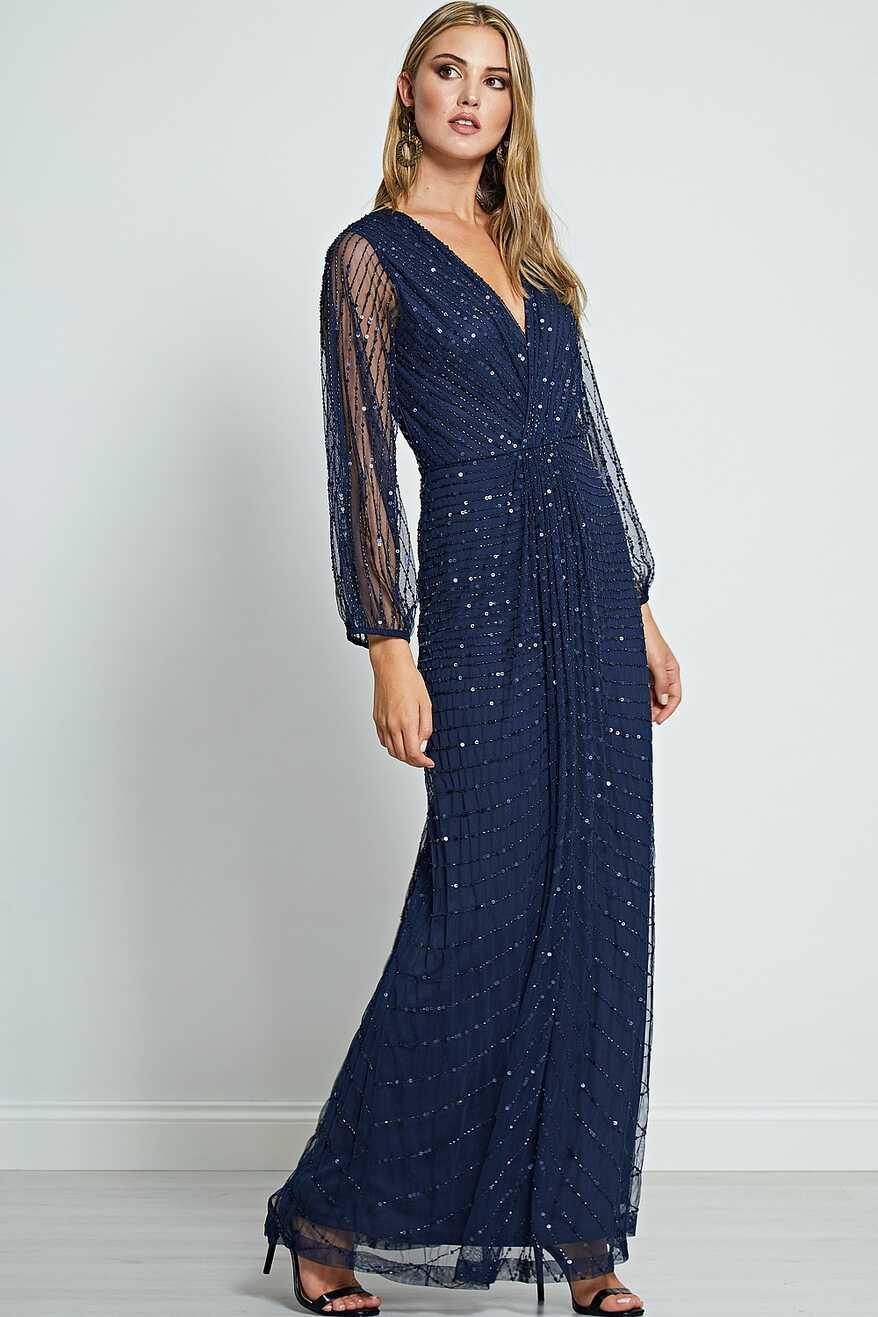 ANGELEYE Navy Long Mesh Sleeve Maxi Dress