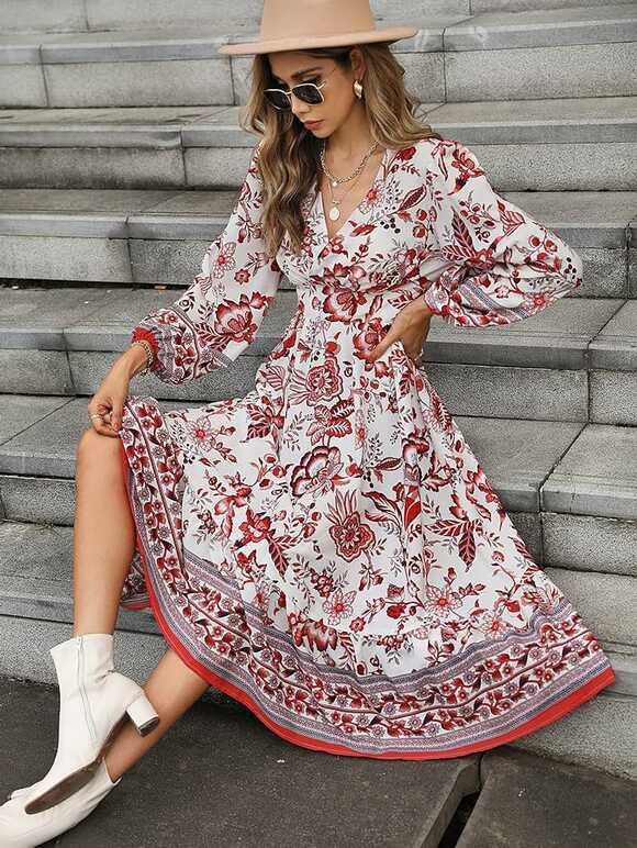 ANHCRA Semi Formal Dresses Floral Print Bishop Sleeve -line Dress ...