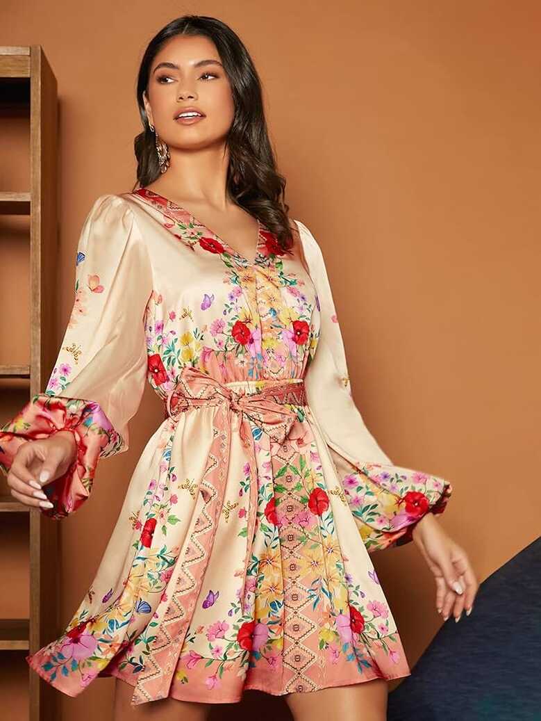 ANHCRA Semi Formal Dresses Floral Print Lantern Sleeve Belted ...