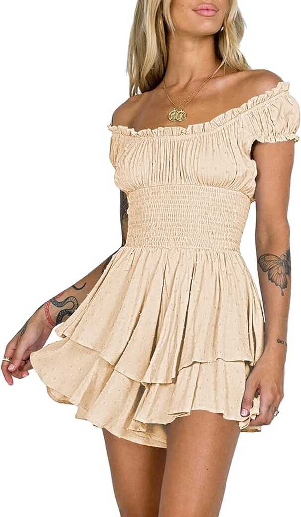 AOHITE Womens Summer Tube Top Dress Off-Shoulder Ruffled Flowy ...