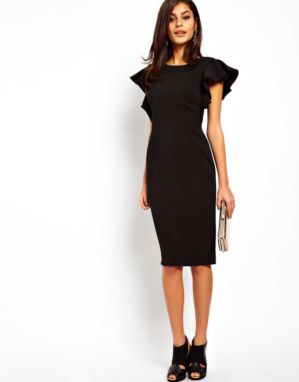 ASOS Pencil Dress with Ruffle Sleeves in Black | Lyst