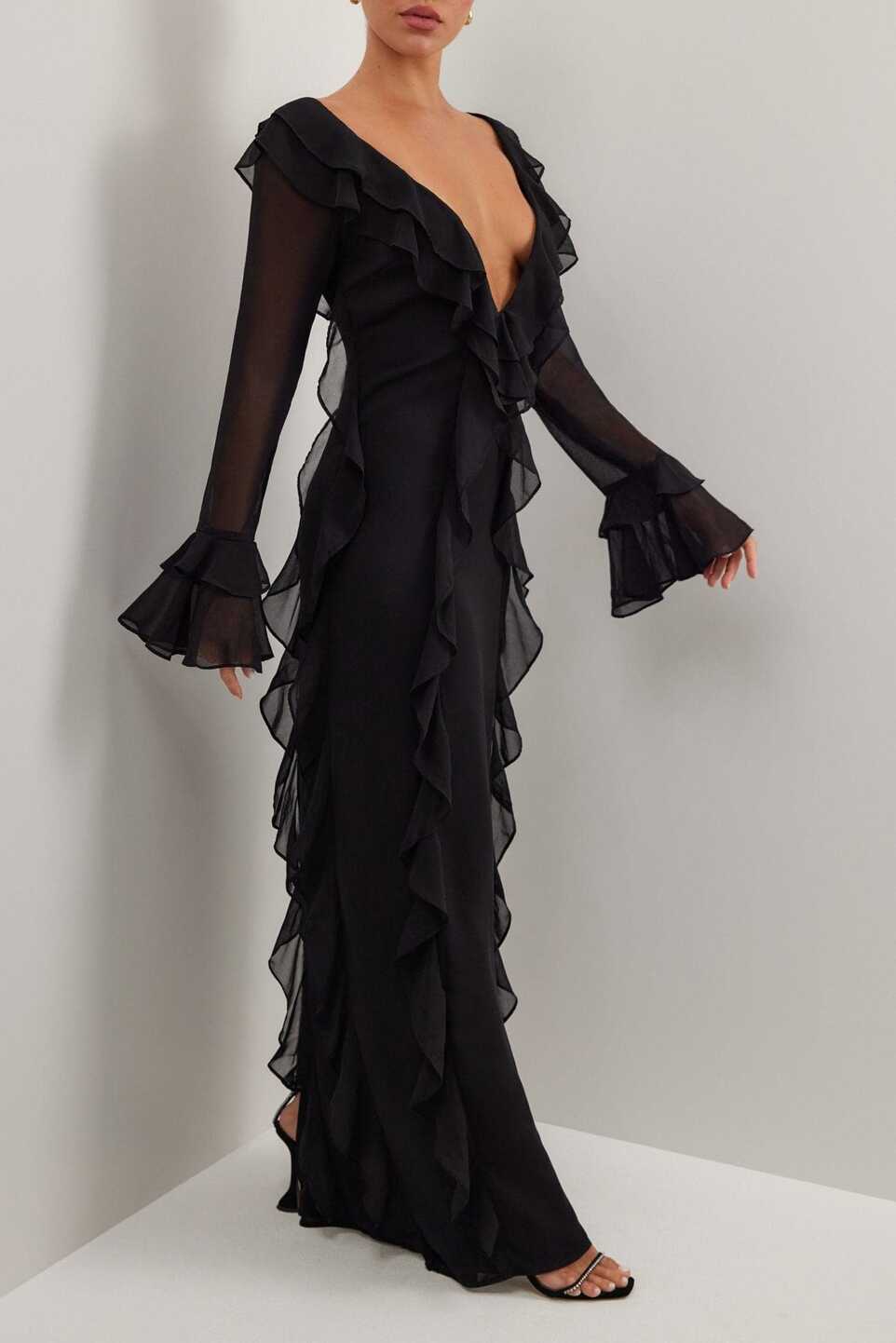 AUDREY - Black Ruffle Long Sleeve Maxi Dress – Luxe Glamour®️