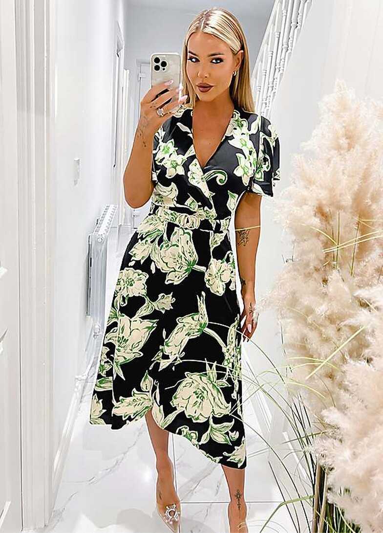 AX Paris Multi Green &amp; Black Floral Printed Short Sleeve Belted ...