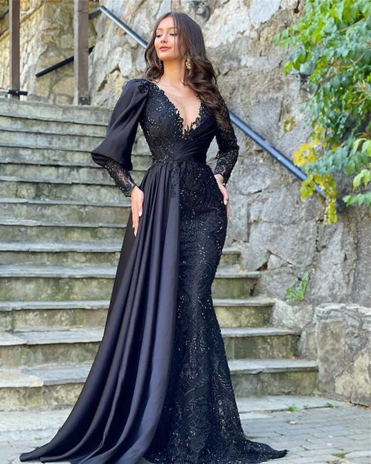 Abendkleider Elegant Black Muslim Evening Dresses Lace Mermaid V ...