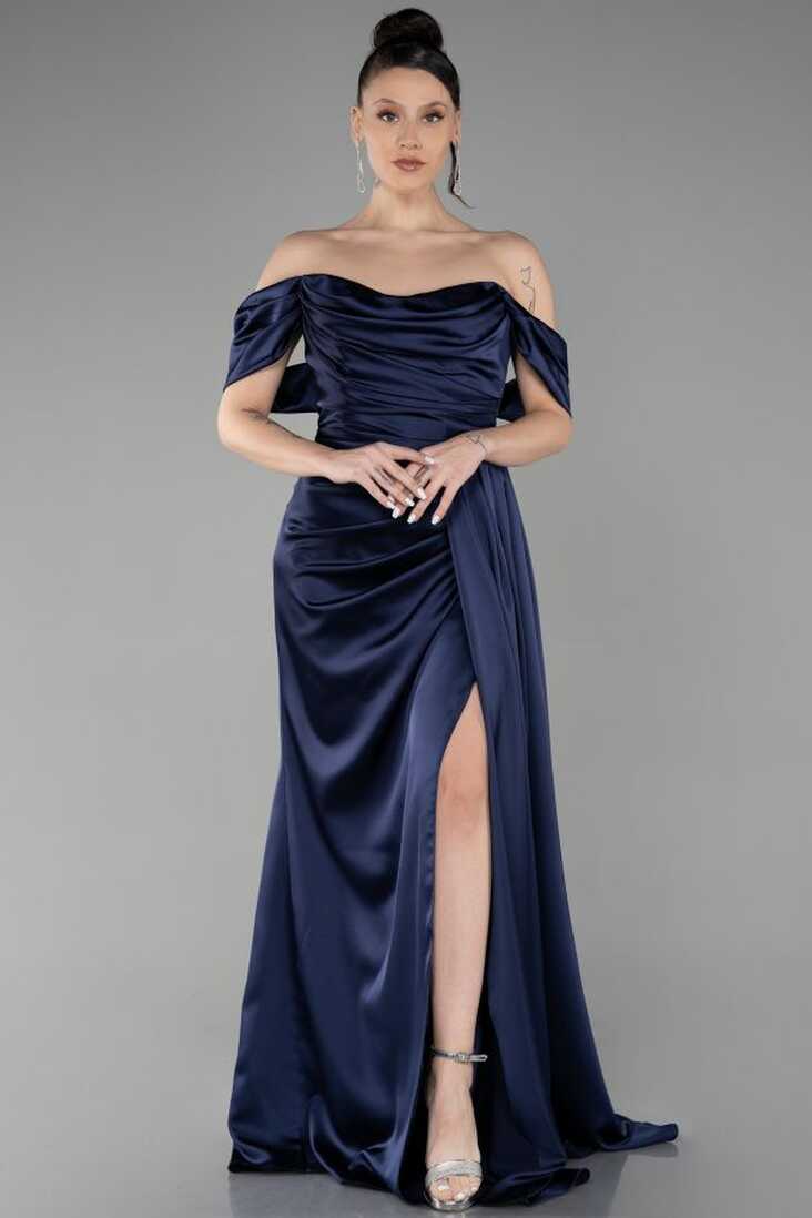 Abiyefon Navy Blue Boat Neck Slit Long Satin Homecoming Dress ...