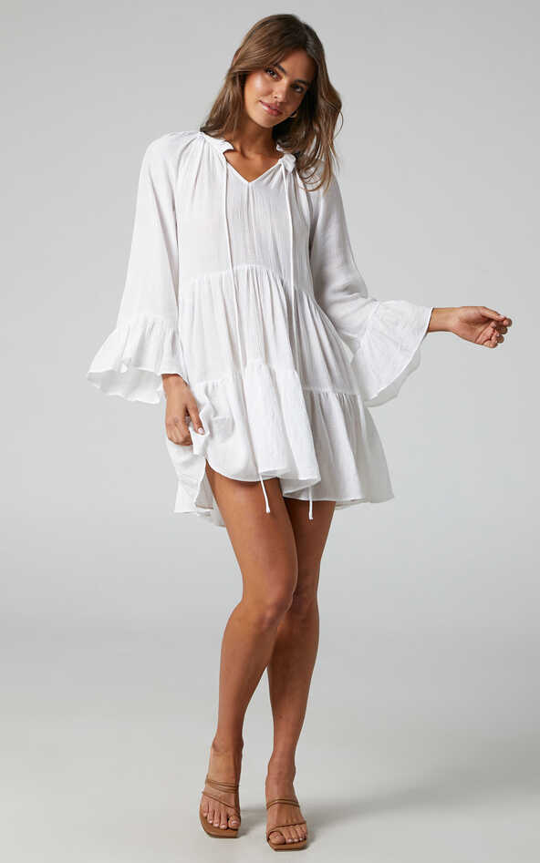 Abrera Mini Dress - V Neck Long Sleeve Tiered Dress in White | Showpo