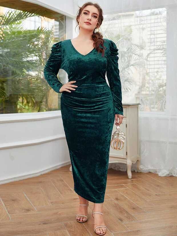 Add Elegant Plus Size Gigot Sleeve Ruched Velvet Bodycon Dress